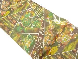 切り嵌め風狩猟に花更紗模様織出し袋帯